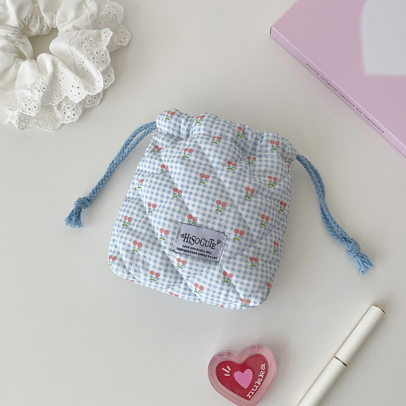 Taška so šnúrkou s čerešňovým vzorom, INS štýl, polyester + bavlna, viacúčelové uloženie na cestovanie, kozmetiku, stolný poriadok, spálňu, kúpeľňu.