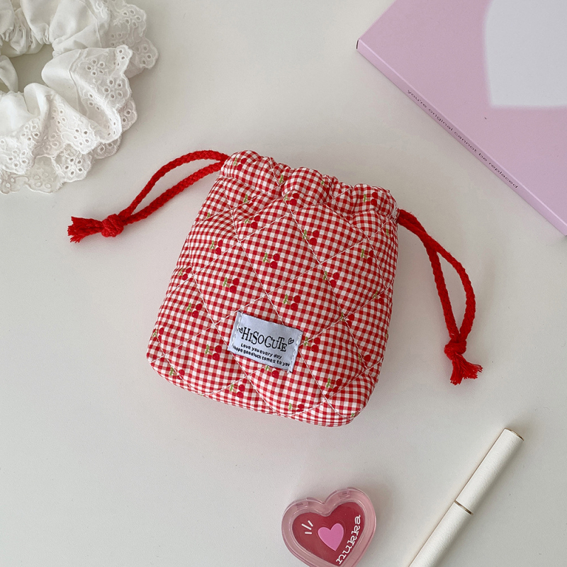 Taška so šnúrkou s čerešňovým vzorom, INS štýl, polyester + bavlna, viacúčelové uloženie na cestovanie, kozmetiku, stolný poriadok, spálňu, kúpeľňu.