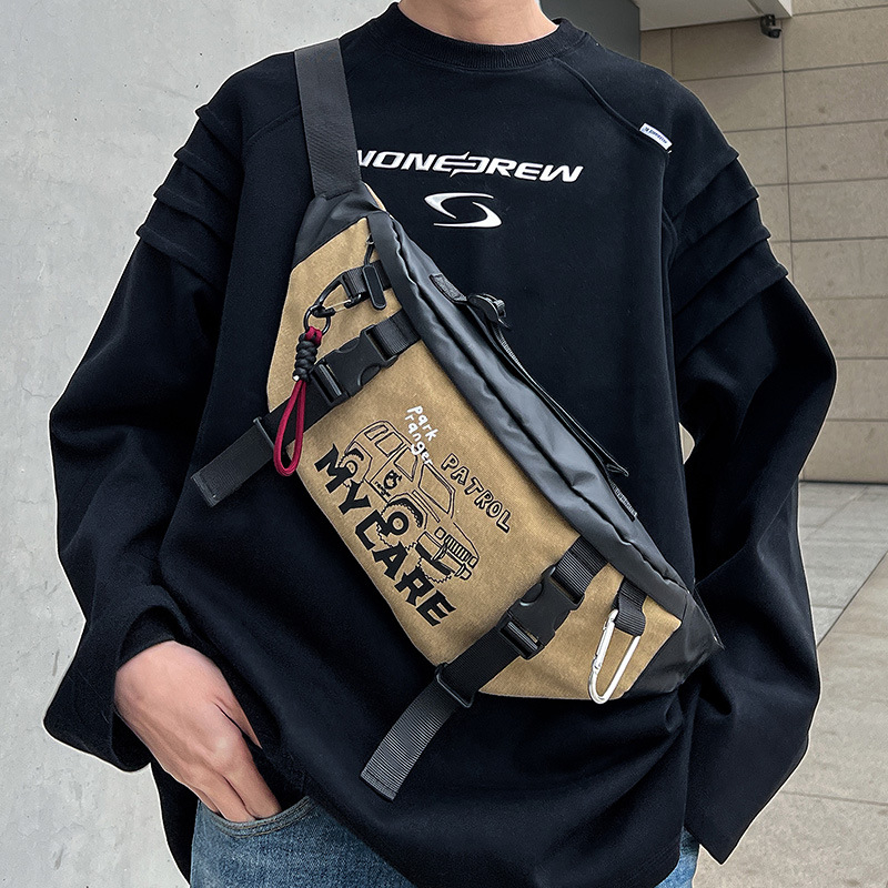 Pánska taška na prsia cez rameno, ulicný štýl, PU materiál, vodeodolná a odolná, vzor s písmenami, podšívka z polyesteru