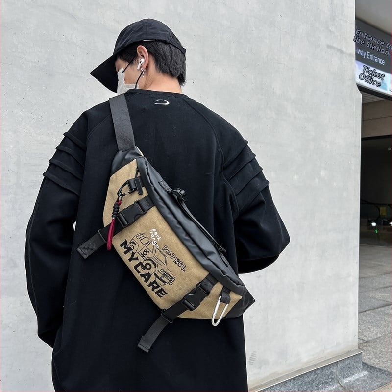 Pánska taška na prsia cez rameno, ulicný štýl, PU materiál, vodeodolná a odolná, vzor s písmenami, podšívka z polyesteru