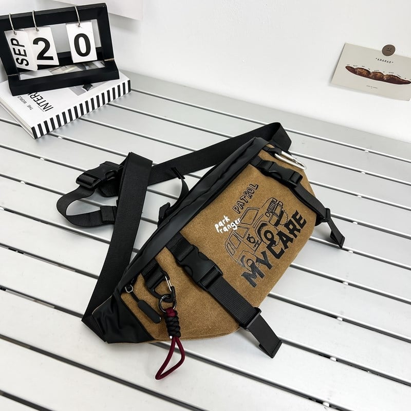 Pánska taška na prsia cez rameno, ulicný štýl, PU materiál, vodeodolná a odolná, vzor s písmenami, podšívka z polyesteru