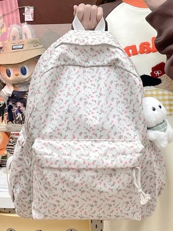 Japán stílusú virágos hátizsák lányoknak, Oxford anyag, nylon bélés, ívelt vállpántok, iskolai táska, tavasz 2025