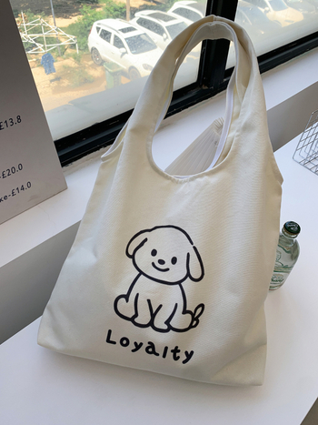 Plátená taška typu tote so štýlom detskej karikatúry, vestový tvar, otvorené ústa dizajn (Štýl: detská karikatúra; Materiál: plátno; Trend: tote taška; Tvar: vestový štýl; Otvorenie: otvorené ústa dizajn)