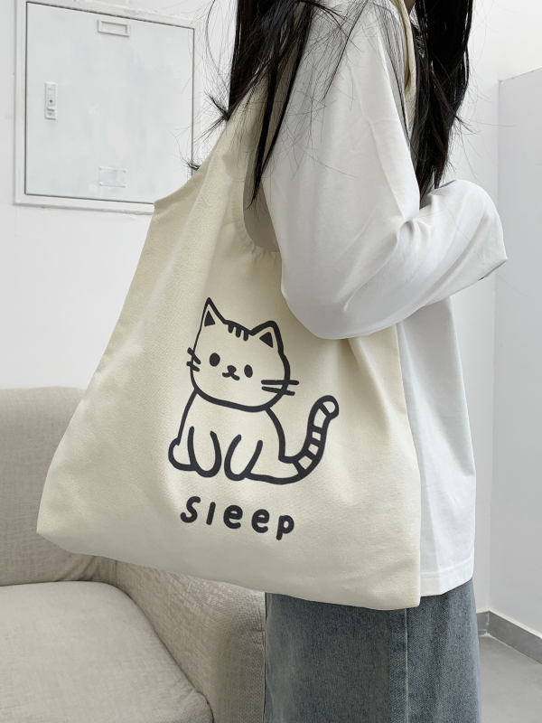 Plátená taška typu tote so štýlom detskej karikatúry, vestový tvar, otvorené ústa dizajn (Štýl: detská karikatúra; Materiál: plátno; Trend: tote taška; Tvar: vestový štýl; Otvorenie: otvorené ústa dizajn)