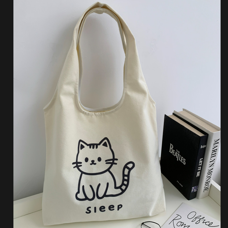 Plátená taška typu tote so štýlom detskej karikatúry, vestový tvar, otvorené ústa dizajn (Štýl: detská karikatúra; Materiál: plátno; Trend: tote taška; Tvar: vestový štýl; Otvorenie: otvorené ústa dizajn)