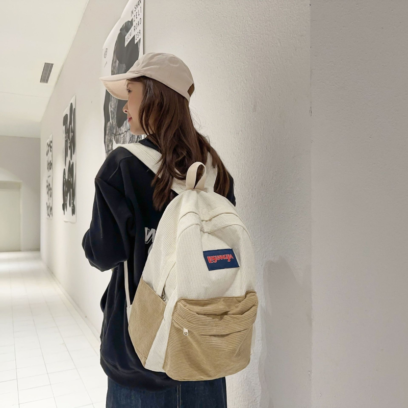 Uniszex corduroy iskolai hátizsák, Ifjúsági campus stílus, görbült vállpántok, poliészter bélés