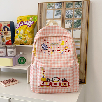 Különleges dizájnú, aranyos tinilány hátizsák, 14 hüvelykes laptophoz, nylon, kockás minta, dombornyomott bőr részletekkel, nagy kapacitás 36–55L