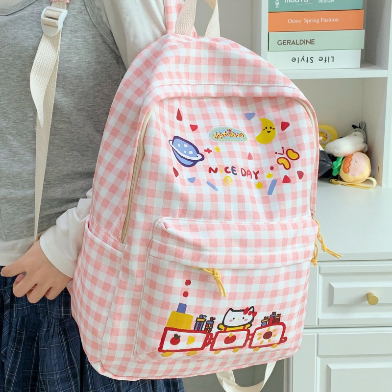 Különleges dizájnú, aranyos tinilány hátizsák, 14 hüvelykes laptophoz, nylon, kockás minta, dombornyomott bőr részletekkel, nagy kapacitás 36–55L