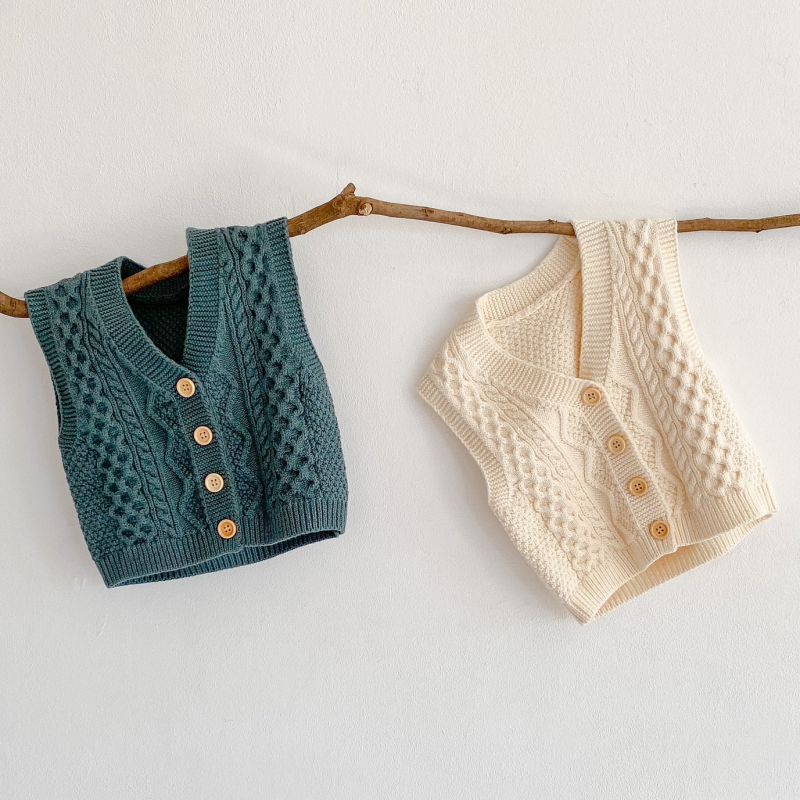 Detský bezrukávový kardigán-vest, 100% bavlna, V výstrih, jednoradové zapínanie, kórejský štýl