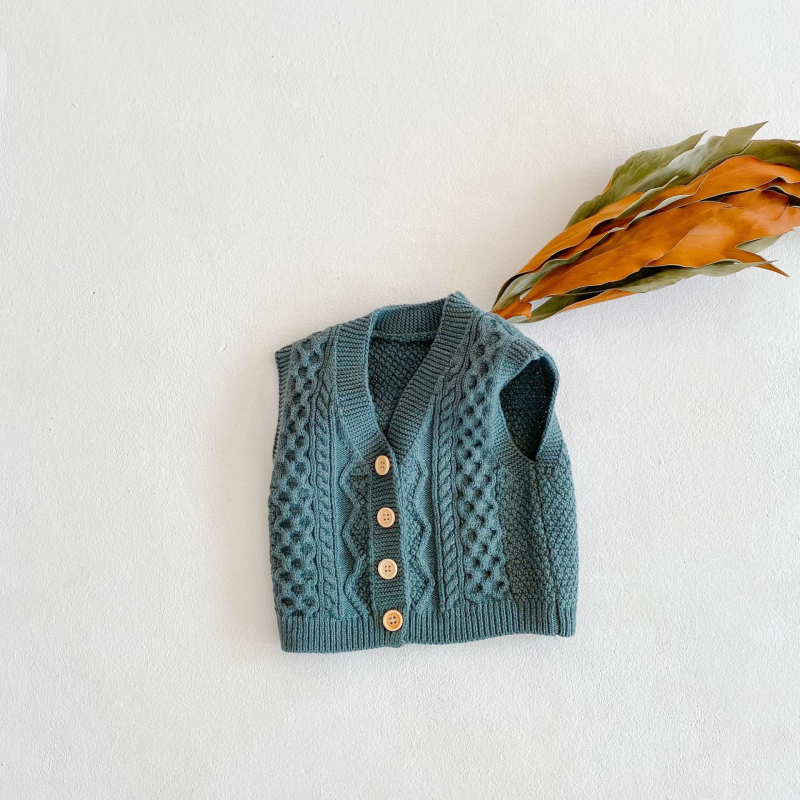 Detský bezrukávový kardigán-vest, 100% bavlna, V výstrih, jednoradové zapínanie, kórejský štýl