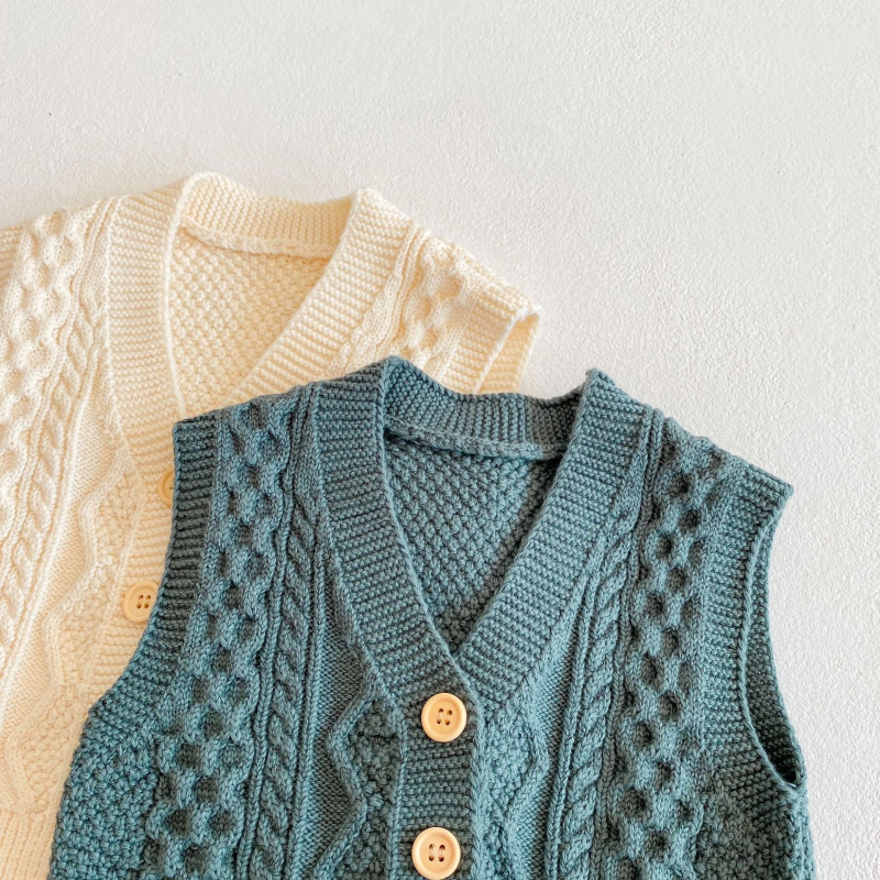 Detský bezrukávový kardigán-vest, 100% bavlna, V výstrih, jednoradové zapínanie, kórejský štýl