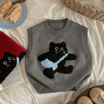 Detské pletené vesty bez rukávov v kórejskom štýle s mačacou patchwork výšivkou, akryl 50-70%, pre vek 3-8 rokov
