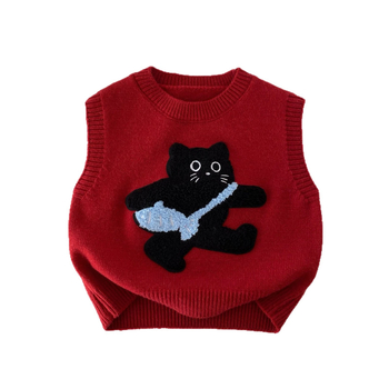 Detské pletené vesty bez rukávov v kórejskom štýle s mačacou patchwork výšivkou, akryl 50-70%, pre vek 3-8 rokov