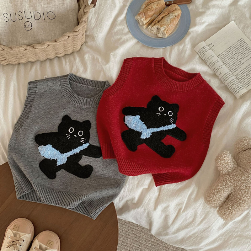 Detské pletené vesty bez rukávov v kórejskom štýle s mačacou patchwork výšivkou, akryl 50-70%, pre vek 3-8 rokov