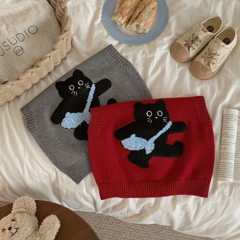 Detské pletené vesty bez rukávov v kórejskom štýle s mačacou patchwork výšivkou, akryl 50-70%, pre vek 3-8 rokov