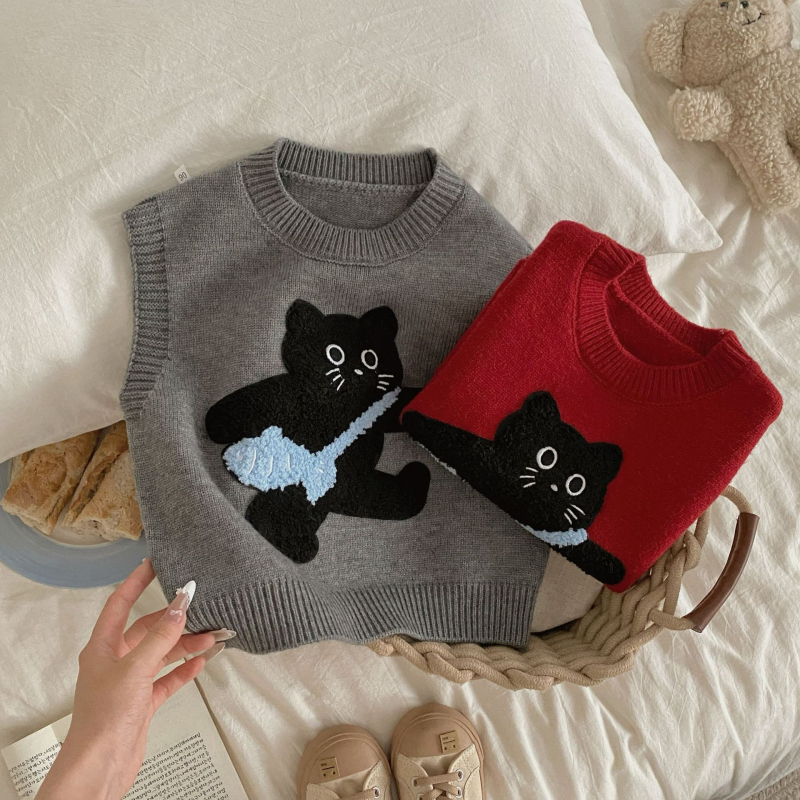 Detské pletené vesty bez rukávov v kórejskom štýle s mačacou patchwork výšivkou, akryl 50-70%, pre vek 3-8 rokov