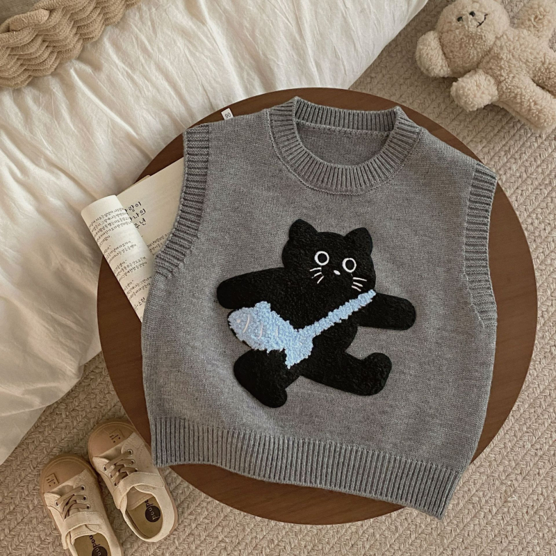 Detské pletené vesty bez rukávov v kórejskom štýle s mačacou patchwork výšivkou, akryl 50-70%, pre vek 3-8 rokov