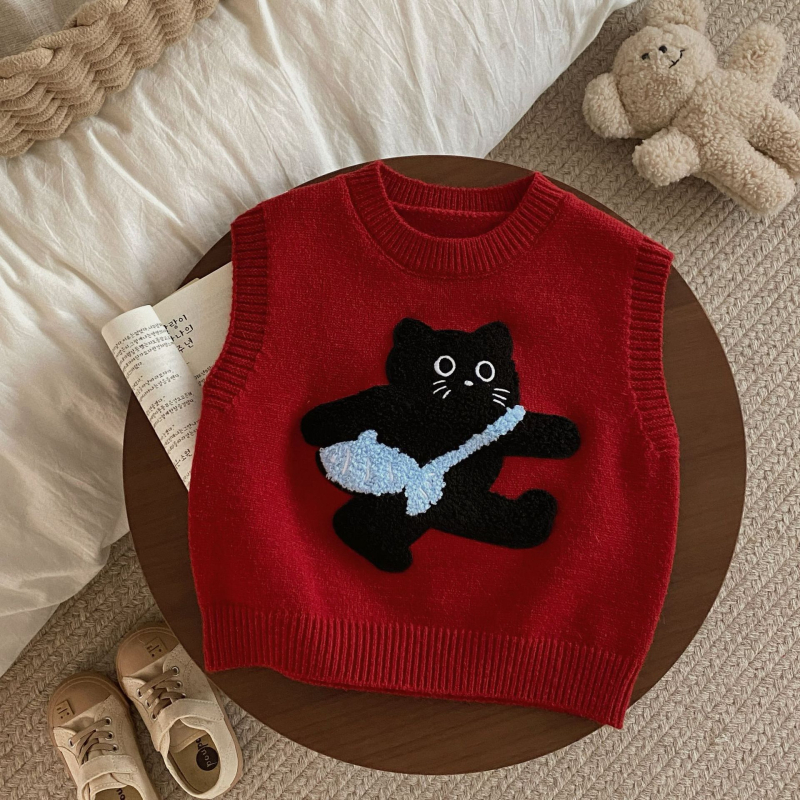 Detské pletené vesty bez rukávov v kórejskom štýle s mačacou patchwork výšivkou, akryl 50-70%, pre vek 3-8 rokov