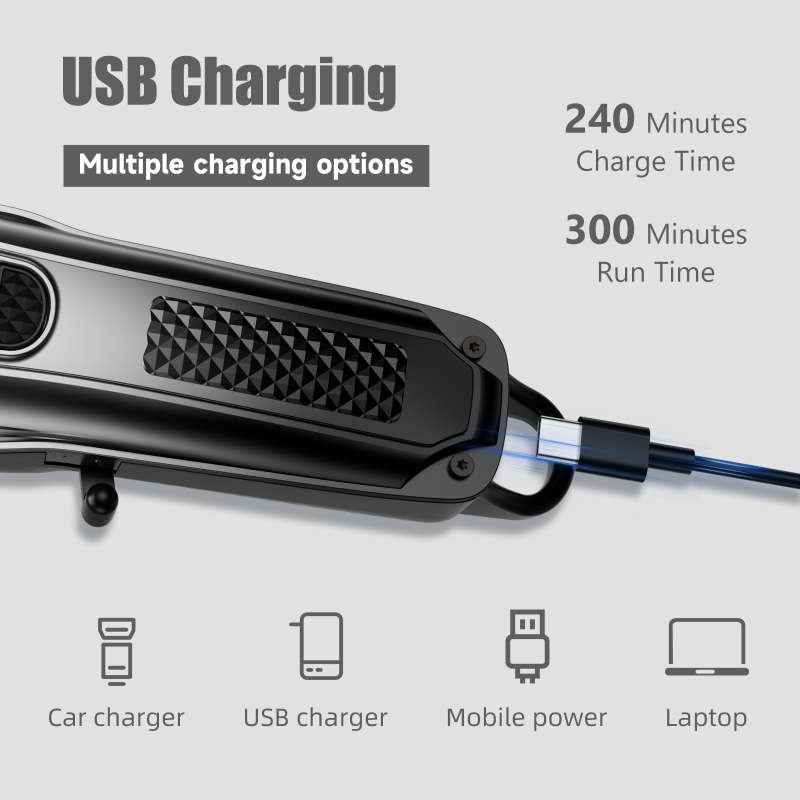 Set za šišanje kose s prijenosnim punjenjem, ugrađena baterija 1200–2000mAh, radno vrijeme 3–6 sati, motor s četkicama, oštrice od nehrđajućeg čelika