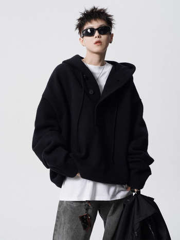 Pulover tricotat cu glugă pentru bărbați, croială lejeră, guler înalt, țesătură antibacteriană, îmbrăcăminte de iarnă