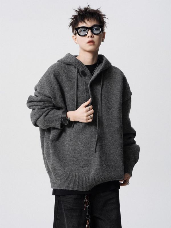 Pulover tricotat cu glugă pentru bărbați, croială lejeră, guler înalt, țesătură antibacteriană, îmbrăcăminte de iarnă