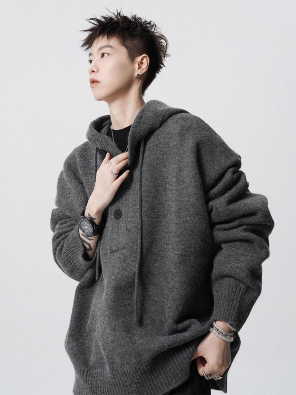 Pulover tricotat cu glugă pentru bărbați, croială lejeră, guler înalt, țesătură antibacteriană, îmbrăcăminte de iarnă