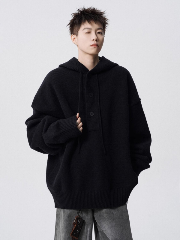 Pulover tricotat cu glugă pentru bărbați, croială lejeră, guler înalt, țesătură antibacteriană, îmbrăcăminte de iarnă