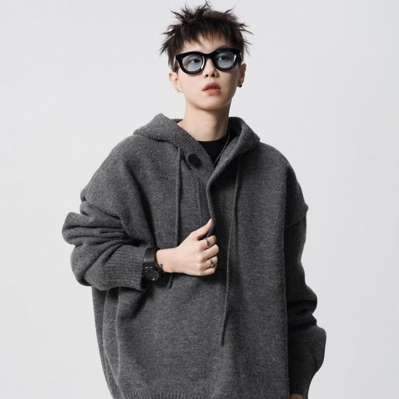 Pulover tricotat cu glugă pentru bărbați, croială lejeră, guler înalt, țesătură antibacteriană, îmbrăcăminte de iarnă