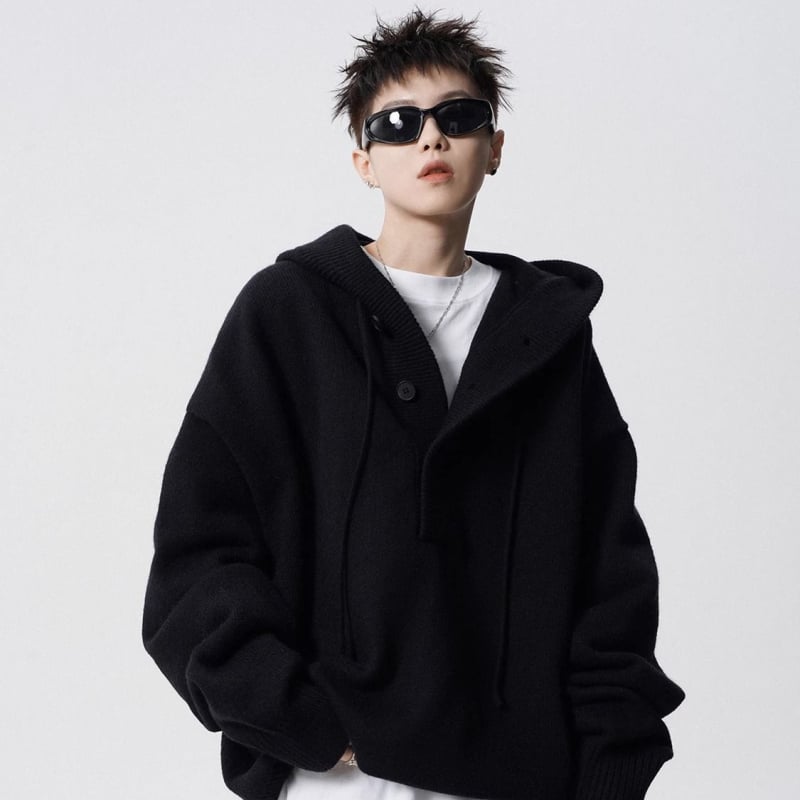 Pulover tricotat cu glugă pentru bărbați, croială lejeră, guler înalt, țesătură antibacteriană, îmbrăcăminte de iarnă