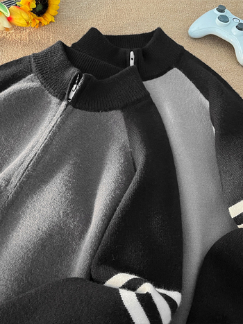 Pleteni kardigan s američkim stilom stojećim ovratnikom, prugasti uzorak, labav kroj, akrilna tkanina 43,8%