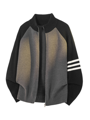 Pleteni kardigan s američkim stilom stojećim ovratnikom, prugasti uzorak, labav kroj, akrilna tkanina 43,8%