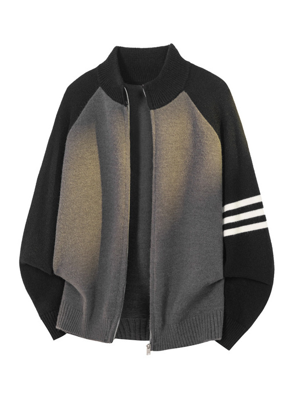 Pleteni kardigan s američkim stilom stojećim ovratnikom, prugasti uzorak, labav kroj, akrilna tkanina 43,8%