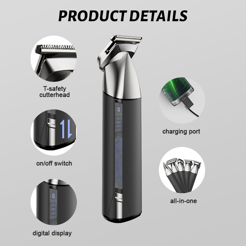 Muški 4-u-1 električni kliper za kosu, punjiv, s integriranom baterijom, vodootporan, oštrice od nehrđajućeg čelika, radno vrijeme 1–3 h