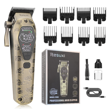 Resuxi električni šišač za kosu s glavom za rezanje od praškaste metalurgije, punjiv, veliki LCD zaslon, četkasti motor, oštrica od nehrđajućeg čelika, ugrađena baterija 1200–2000 mAh