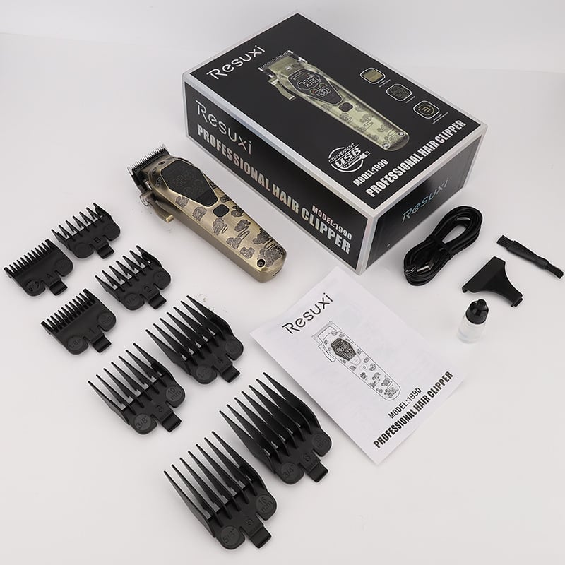 Resuxi električni šišač za kosu s glavom za rezanje od praškaste metalurgije, punjiv, veliki LCD zaslon, četkasti motor, oštrica od nehrđajućeg čelika, ugrađena baterija 1200–2000 mAh