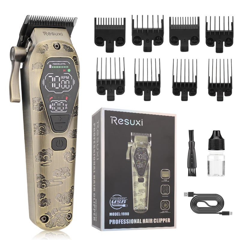 Resuxi električni šišač za kosu s glavom za rezanje od praškaste metalurgije, punjiv, veliki LCD zaslon, četkasti motor, oštrica od nehrđajućeg čelika, ugrađena baterija 1200–2000 mAh