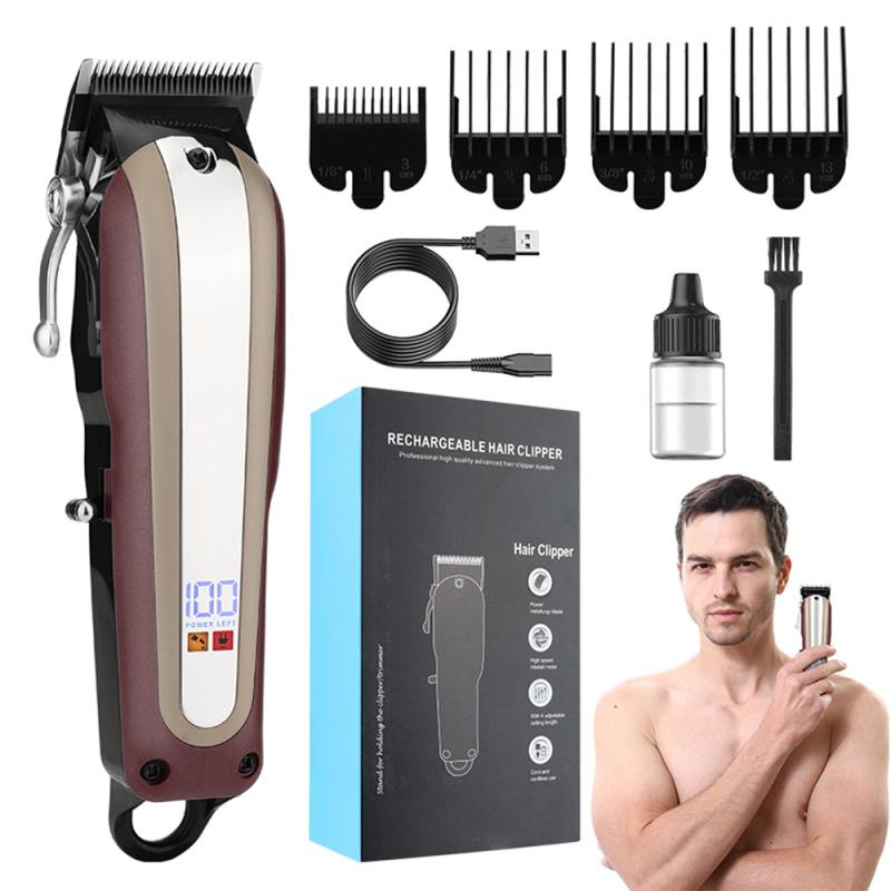 Mașină de tuns păr cu afișaj LCD, încărcare USB, motor cu perii, lamă din oțel inoxidabil, nu este rezistentă la apă, pentru uz casnic