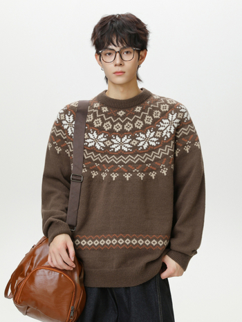 Pleten džemper inspiriran Fair Isle stilom, okrugli ovratnik, labav kroj, dugi rukavi, 100% poliester, streetwear stil