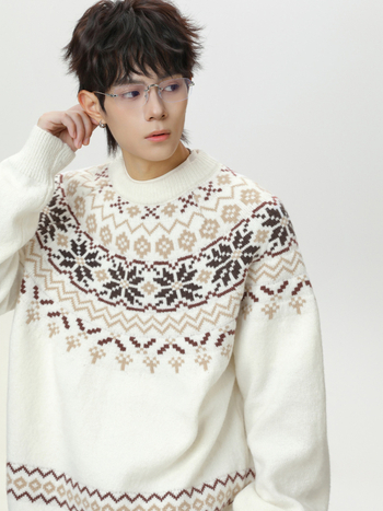 Pleten džemper inspiriran Fair Isle stilom, okrugli ovratnik, labav kroj, dugi rukavi, 100% poliester, streetwear stil