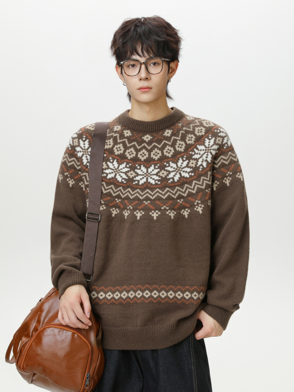 Pleten džemper inspiriran Fair Isle stilom, okrugli ovratnik, labav kroj, dugi rukavi, 100% poliester, streetwear stil