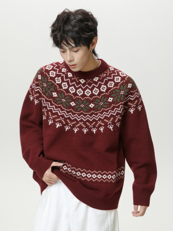 Pleten džemper inspiriran Fair Isle stilom, okrugli ovratnik, labav kroj, dugi rukavi, 100% poliester, streetwear stil