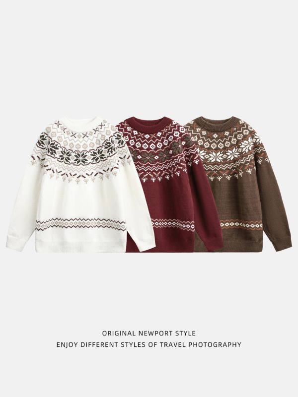 Pleten džemper inspiriran Fair Isle stilom, okrugli ovratnik, labav kroj, dugi rukavi, 100% poliester, streetwear stil