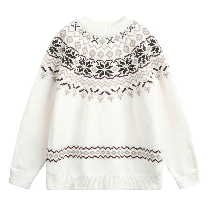 Pleten džemper inspiriran Fair Isle stilom, okrugli ovratnik, labav kroj, dugi rukavi, 100% poliester, streetwear stil
