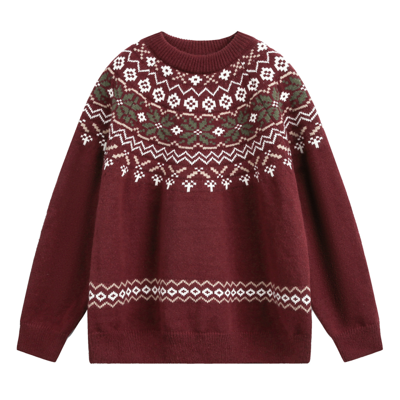 Pleten džemper inspiriran Fair Isle stilom, okrugli ovratnik, labav kroj, dugi rukavi, 100% poliester, streetwear stil