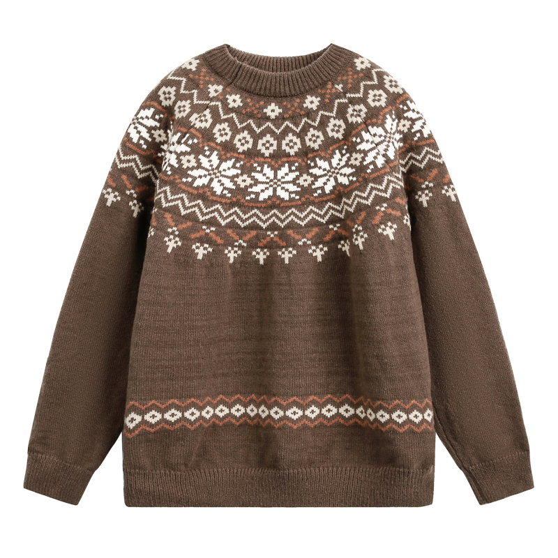 Pleten džemper inspiriran Fair Isle stilom, okrugli ovratnik, labav kroj, dugi rukavi, 100% poliester, streetwear stil