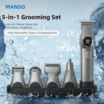 5-v-1 holiaci strojček na vlasy, dvojrýchlostný, plne umývateľný po tele, odnímateľné ostre, z nehrdzavejúcej ocele