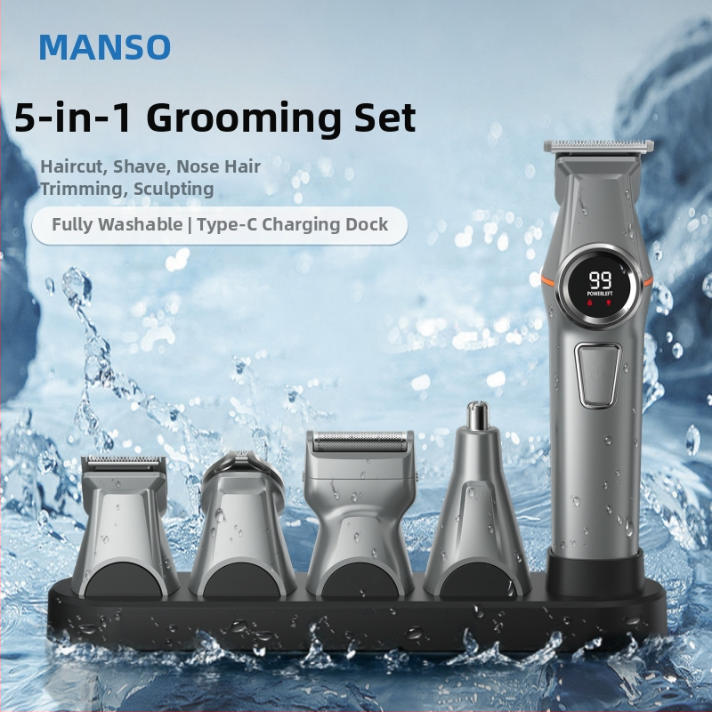 5-v-1 holiaci strojček na vlasy, dvojrýchlostný, plne umývateľný po tele, odnímateľné ostre, z nehrdzavejúcej ocele