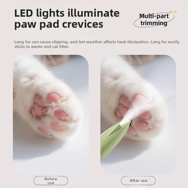 Kaķa un suņa pēdu matu trimmeris — ABS korpuss, nerūsējošā tērauda un keramikas asmeņi, PP komponentes; Produkta kods 25H0091M; Importēts: Nē