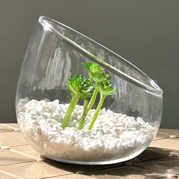 Geometrická váza z borosilikátového skla pre mach a sukulenty — fúkané sklo, leštený povrch, geometrický tvar, možnosť potlače loga