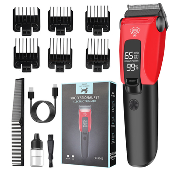 FK-9003 Nabíjateľný elektrický strojek na grooming pre domáce zvieratá s nehrdzavejúcimi čepeľami, kefový motor, zabudovaná batéria 1000–1200 mAh, 3–6 h prevádzky, vodotesný